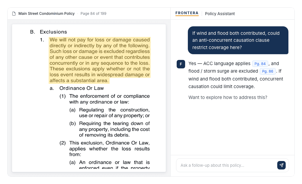 Frontera Policy Intelligence use case: Claim Strategy — Maximize recovery and avoid stumbling blocks with instant insurance policy reviews and in-depth coverage analysis.