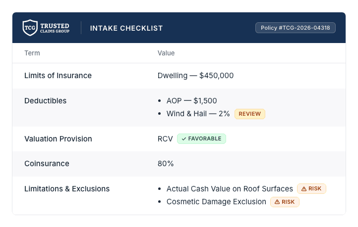 Frontera Policy Intelligence use case: Claims Intake — Screen and triage new claims in minutes — before you waste time on an underinsured property.