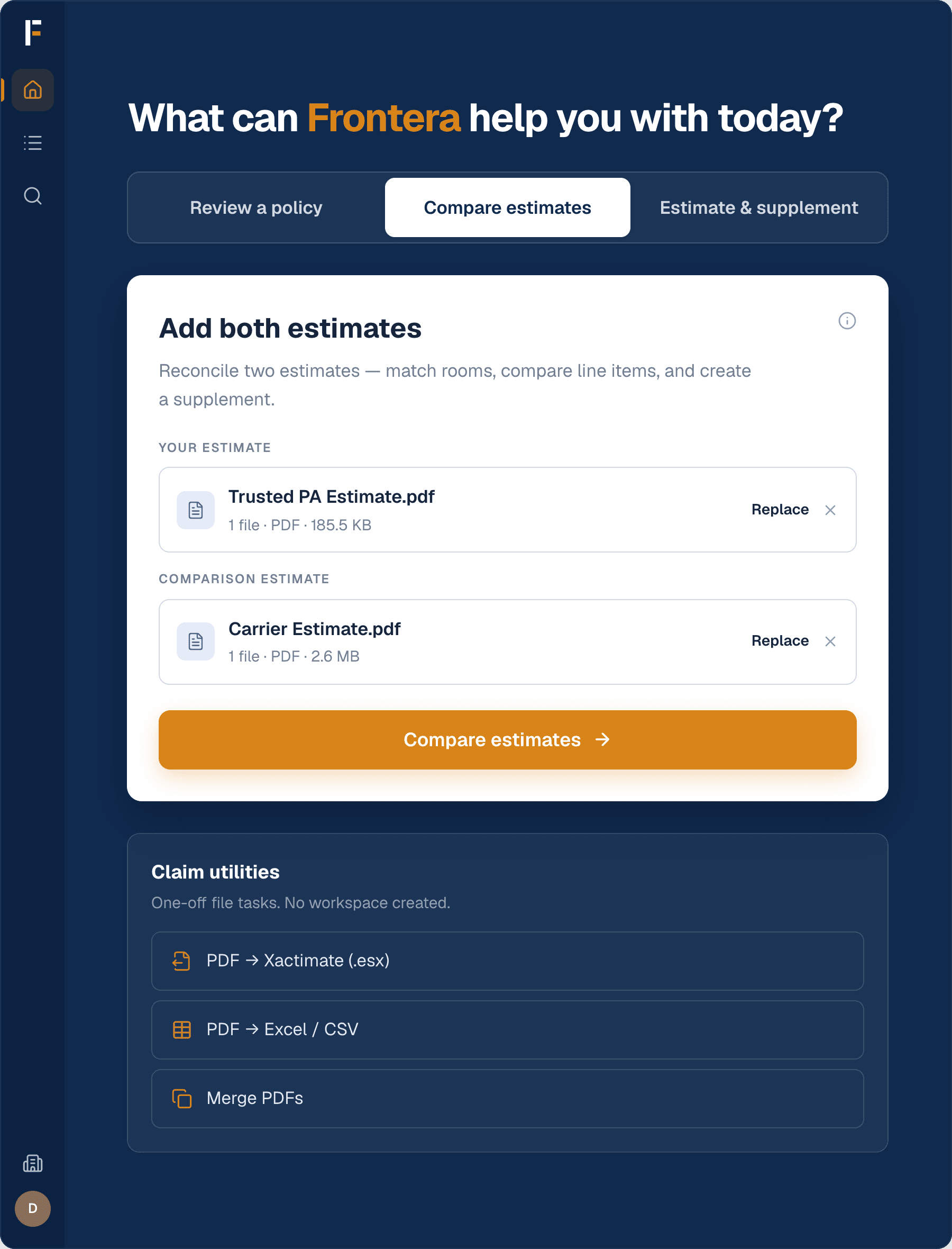 The Frontera app: two estimates staged for comparison, with claim utilities for PDF to Xactimate conversion below