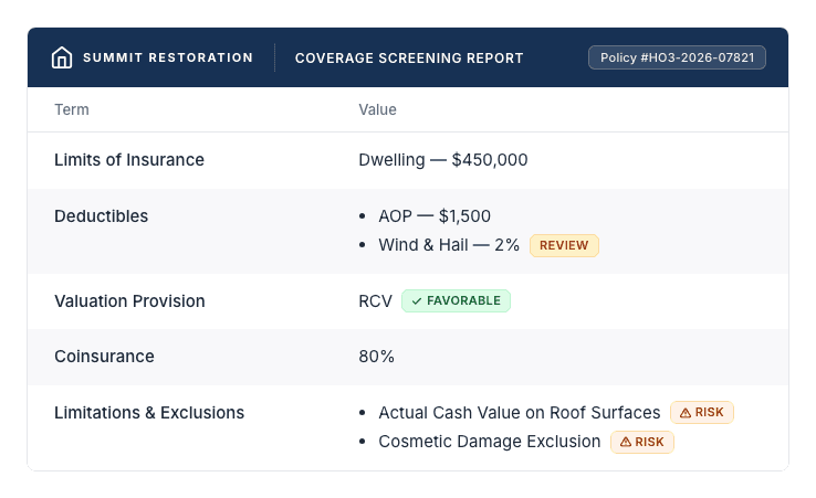 Frontera Policy Intelligence product interface preview for restoration contractors