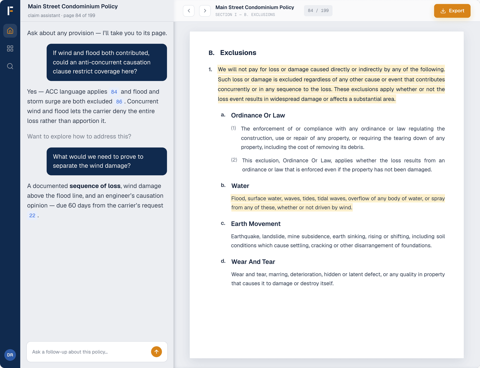 Frontera Coverage Analysis: Claim Strategy Assistant — Ask the policy hard questions and get answers tied to the source language.
