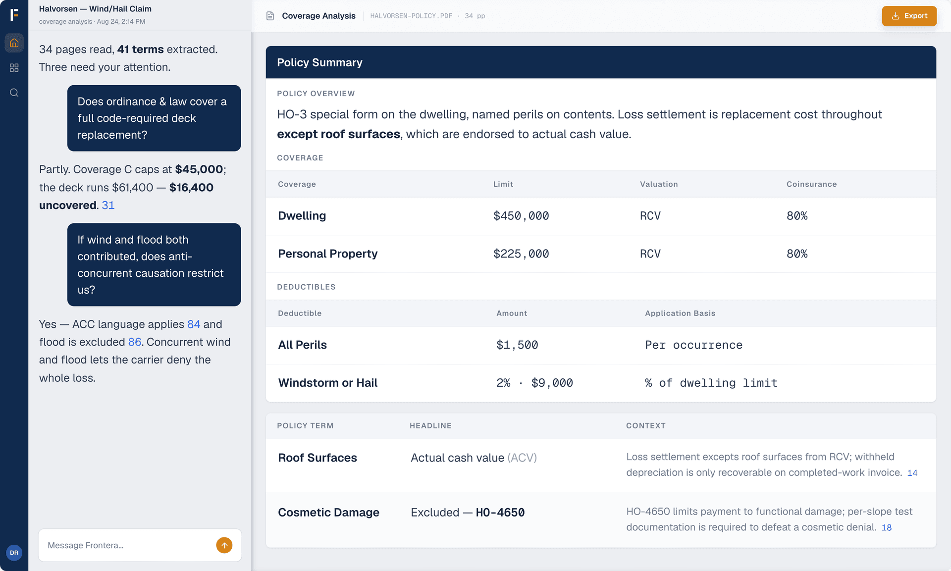 Frontera Coverage Analysis — an AI coverage review with page citations