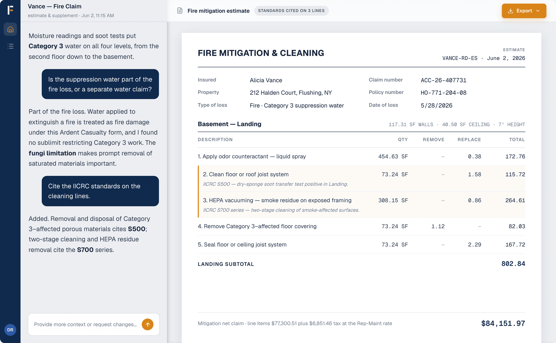Frontera Estimating: Estimating & supplementing — Build complete, defensible estimates and supplements with building code and policy coverage behind every line.