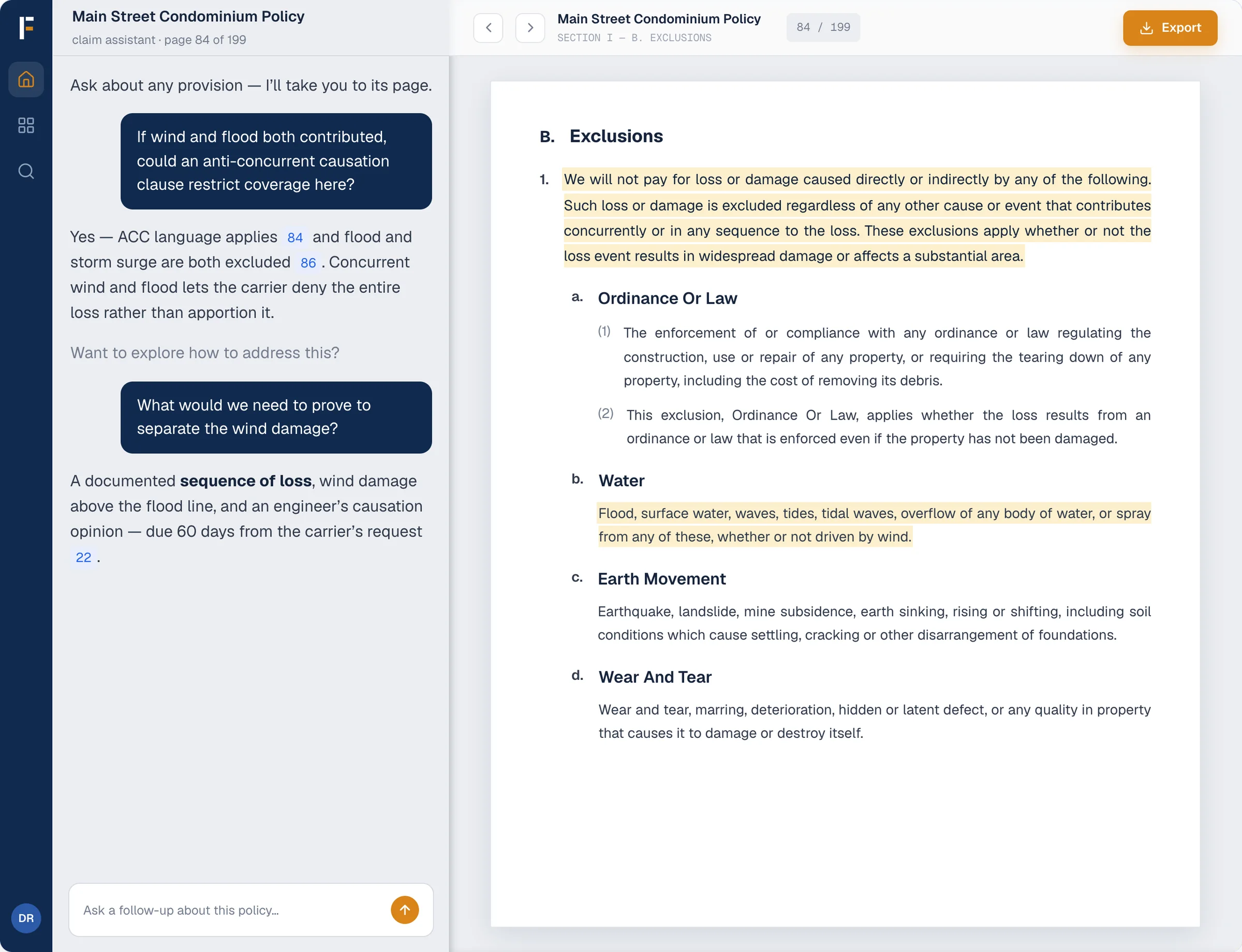 Frontera Coverage Analysis: Claim Strategy Assistant — Ask the policy hard questions and get answers tied to the source language.
