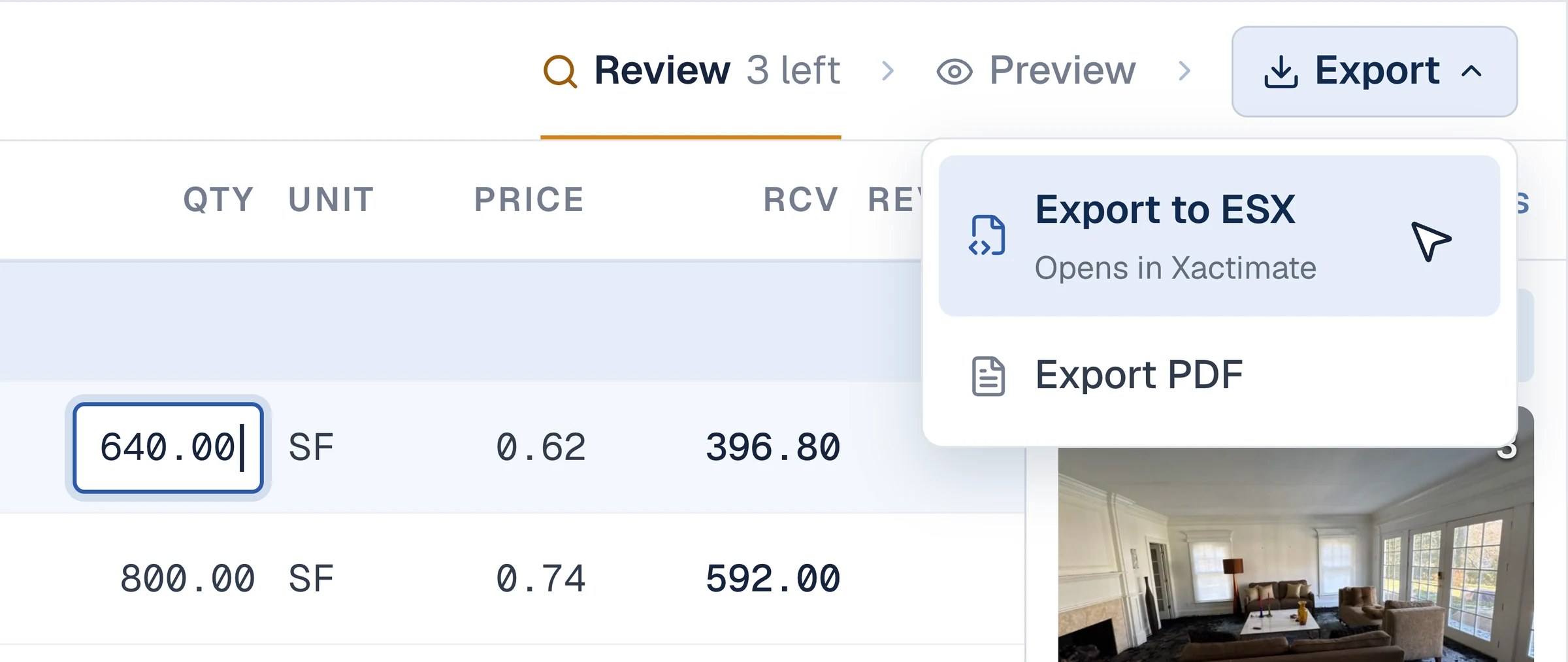 Frontera Estimating: Edit and export — Review every line, make your edits, then send a PDF to the carrier or export an ESX to reprice and fine-tune in Xactimate.