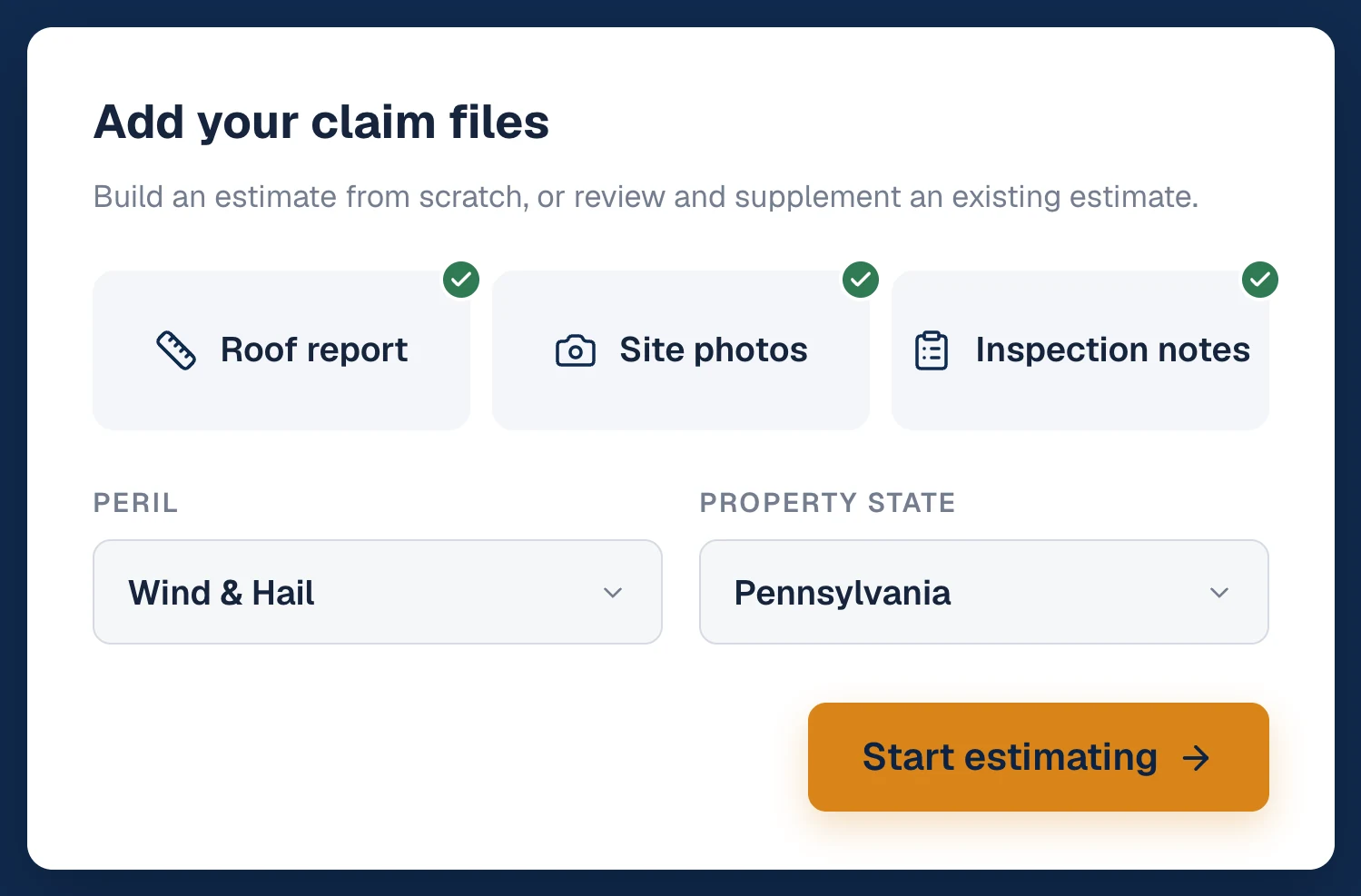 Frontera Estimating: Upload your evidence — Bring measurements, photos, notes, test results, expert reports, and more. Frontera turns them into a complete estimate or supplement in minutes.