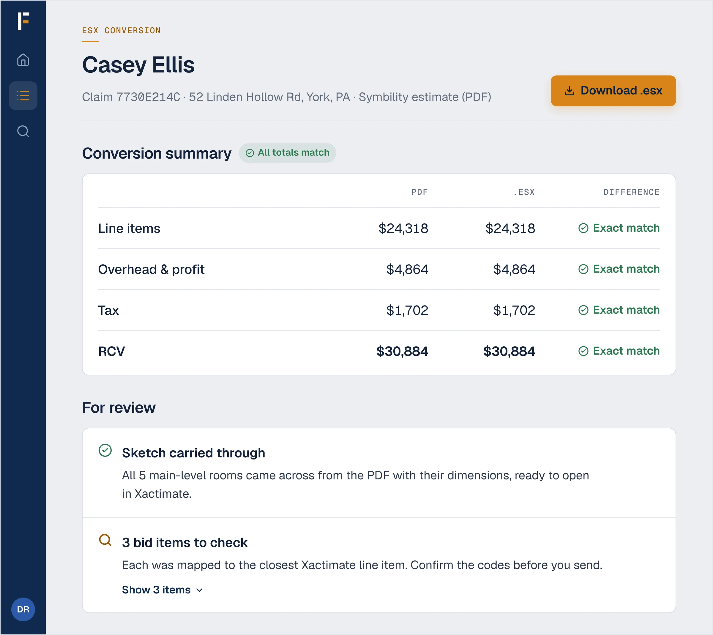 A Symbility estimate PDF converted to ESX: line items, overhead and profit, tax, and RCV match the PDF exactly, and the sketch carried through