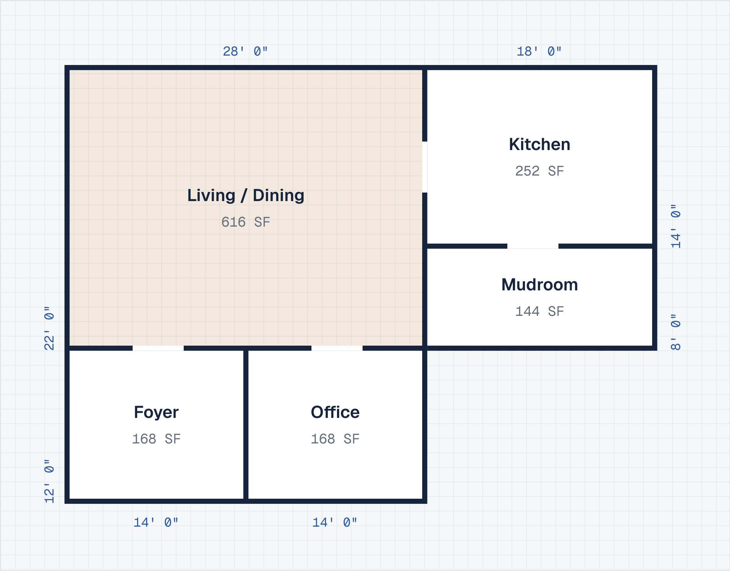 The converted estimate's sketch: five main-level rooms with their dimensions and square footage