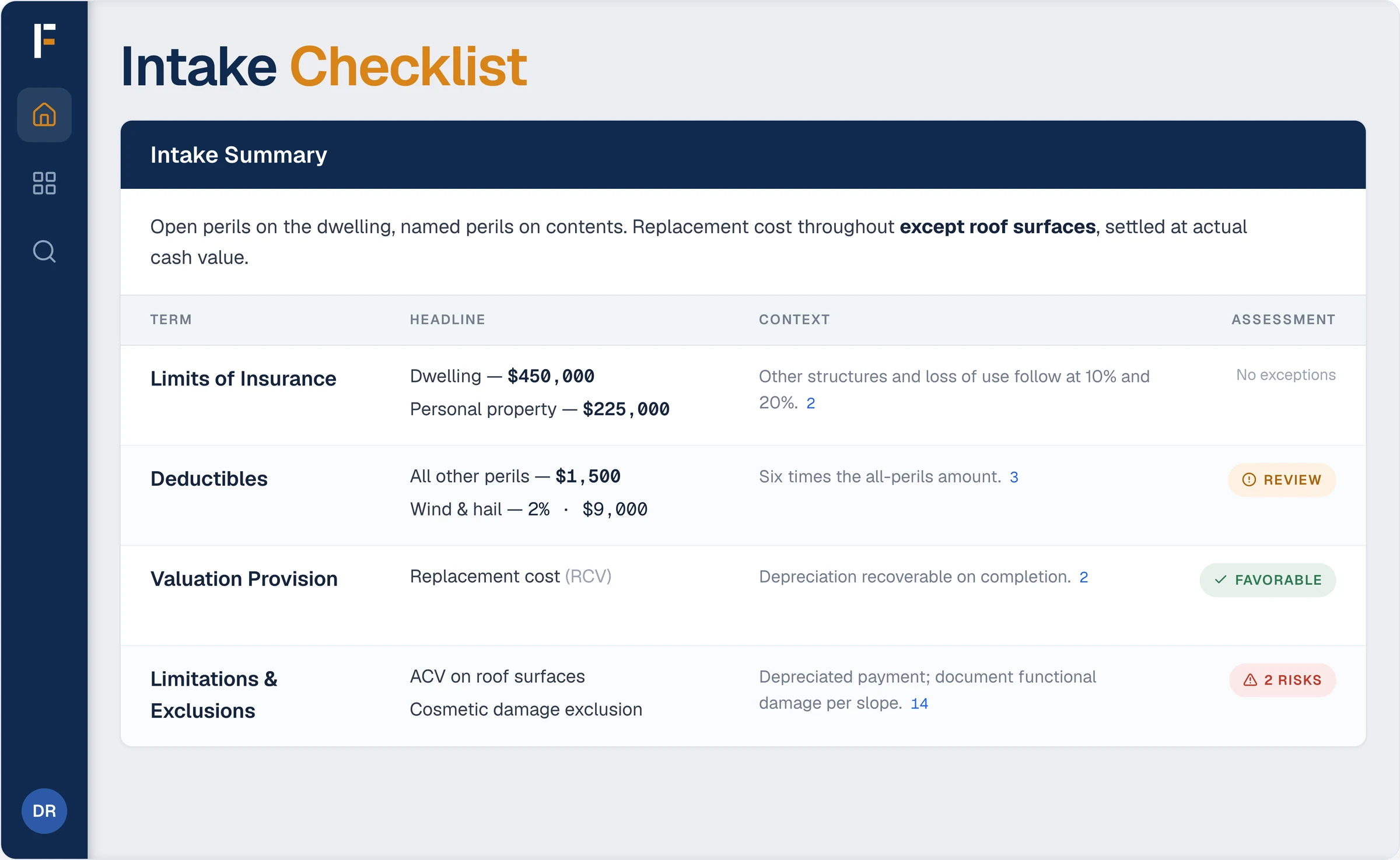 Frontera Coverage Analysis: Customizable review templates — Standardize the review by peril, location, and policy type.