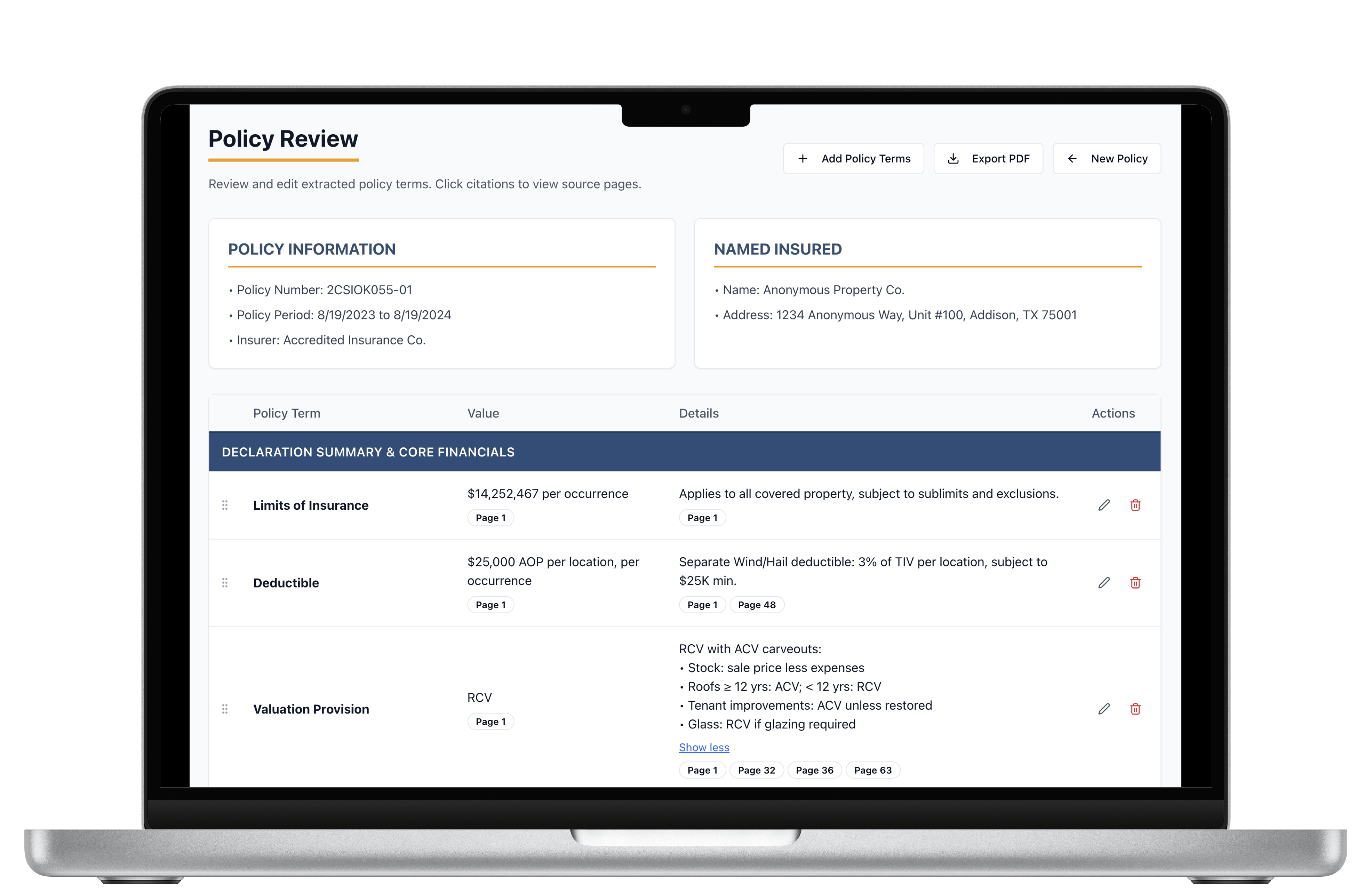 Frontera Policy Review interface showing detailed policy analysis with terms, values, and coverage details on laptop